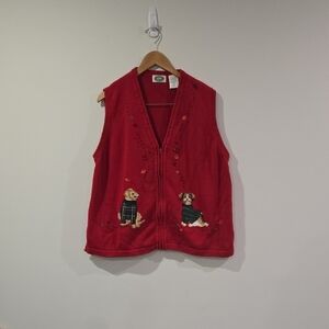 Vintage/Retro 90's Red Cotton Blend Cottagecore Vest with Dog Embroidery